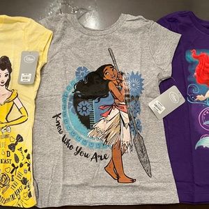 3 NEW Disney Store Disney Princess Girls Tee Shirts Med 7/8 Belle Moana Ariel!